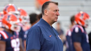 Aug 29, 2025; Champaign, Illinois, USA;  Illinois Fighting Illini head coach Bret Bielema before a game with the Western Illinois Leathernecks at  Memorial Stadium. Mandatory Credit: Ron Johnson-Imagn Images