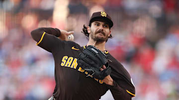 Jul 2, 2025; Philadelphia, Pennsylvania, USA; San Diego Padres pitcher Dylan Cease (84) throws a pitch during the fourth inning against the Philadelphia Phillies during the fourth inning at Citizens Bank Park. Mandatory Credit: Bill Streicher-Imagn Images