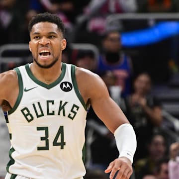 Oct 28, 2025; Milwaukee, Wisconsin, USA;  Milwaukee Bucks forward Giannis Antetokounmpo (34) reacts after scoring a basket in the 3rd quarter against the New York Knicks at Fiserv Forum. Mandatory Credit: Benny Sieu-Imagn Images