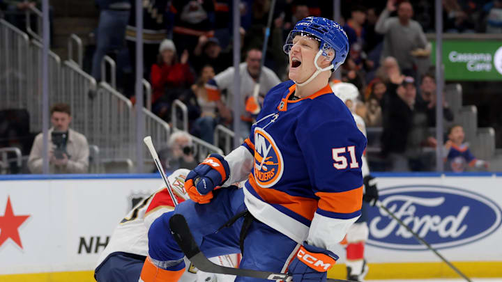 Mar 28, 2026; Elmont, New York, USA; New York Islanders left wing Emil Heineman (51) celebrates his goal against the Florida Panthers during the second period at UBS Arena. Mandatory Credit: Brad Penner-Imagn Images