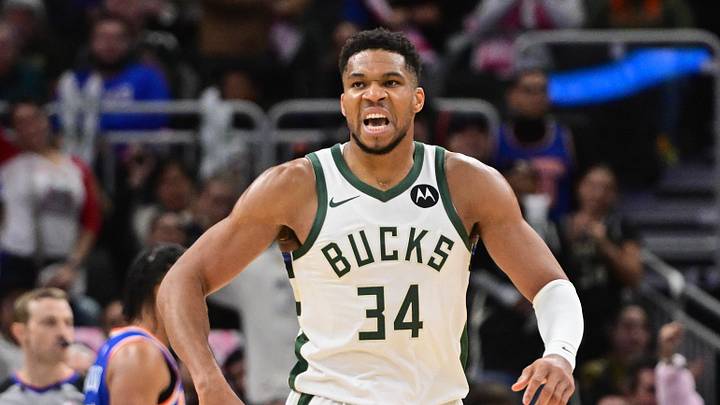 Oct 28, 2025; Milwaukee, Wisconsin, USA;  Milwaukee Bucks forward Giannis Antetokounmpo (34) reacts after scoring a basket in the 3rd quarter against the New York Knicks at Fiserv Forum. Mandatory Credit: Benny Sieu-Imagn Images