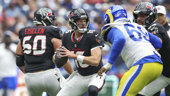 Aug 24, 2024; Houston, Texas, USA; /h16/ attempts a pass during the third quarter against the Los Angeles Rams at NRG Stadium. Mandatory Credit: Troy Taormina-USA TODAY Sports