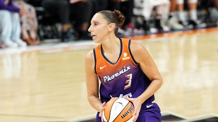 Aug 3, 2023; Phoenix, Arizona, USA; Phoenix Mercury guard Diana Taurasi (3) controls the ball against the Atlanta Dream during the first half at Footprint Center. Mandatory Credit: Joe Camporeale-Imagn Images