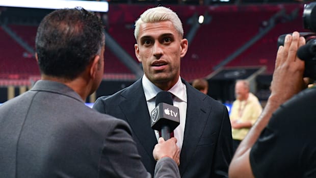 Atlanta forward Daniel Rios gives an interview to Apple TV prior to the start of the MLS match against Inter Miami.