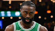 Dec 25, 2024; Boston, Massachusetts, USA; Boston Celtics guard Jaylen Brown (7) during a break in game action against the Philadelphia 76ers during the first half at TD Garden. Mandatory Credit: Eric Canha-Imagn Images