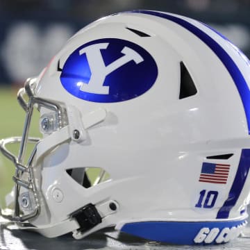 Oct 1, 2021; Logan, Utah, USA;  A general view of a helmet worn by Brigham Young Cougars during a game against the Utah State Aggies at Merlin Olsen Field at Maverik Stadium. Mandatory Credit: Rob Gray-USA TODAY Sports
