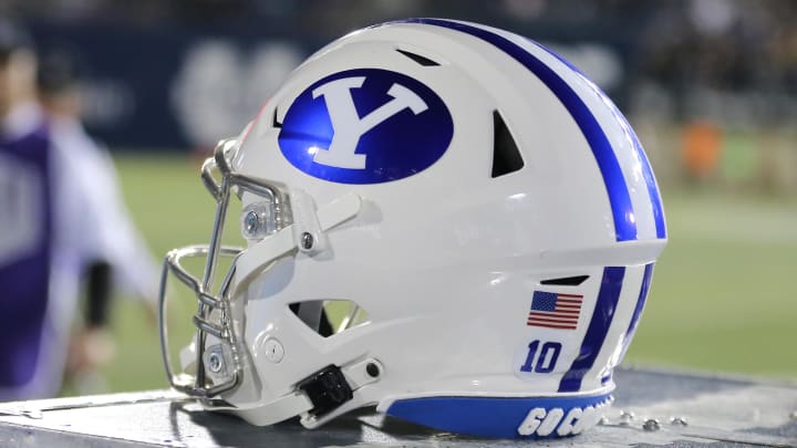 Oct 1, 2021; Logan, Utah, USA;  A general view of a helmet worn by Brigham Young Cougars during a game against the Utah State Aggies at Merlin Olsen Field at Maverik Stadium. Mandatory Credit: Rob Gray-USA TODAY Sports