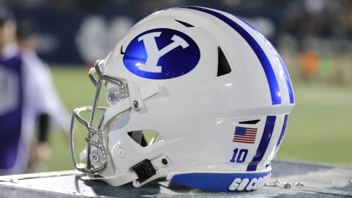 Oct 1, 2021; Logan, Utah, USA;  A general view of a helmet worn by Brigham Young Cougars during a game against the Utah State Aggies at Merlin Olsen Field at Maverik Stadium.