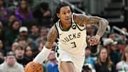 Milwaukee Bucks guard Kevin Porter (3) dribbles the ball against the Los Angeles Lakers in the second quarter at Fiserv Forum. 