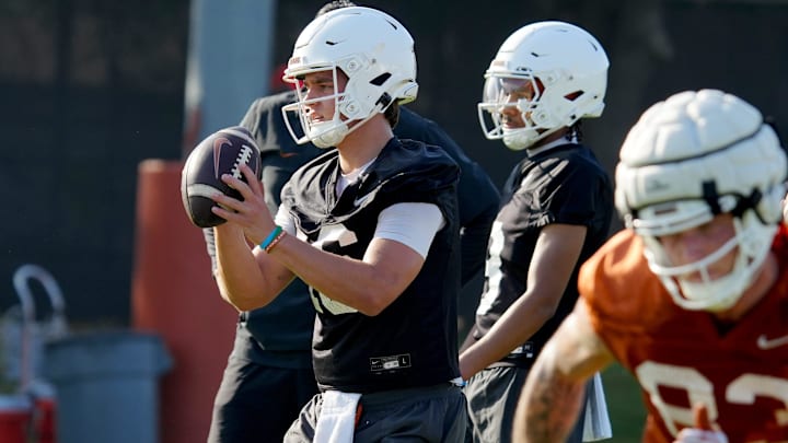 Texas Longhorns quarterback, Arch Manning, during his first practice of the spring season. Texas Longhorns quarterback, Arch Manning, during his first practice of the spring season.