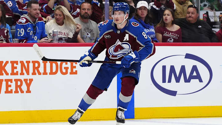 Mar 25, 2025; Denver, Colorado, USA; Colorado Avalanche defenseman Cale Makar (8) during the second period against the Dallas Stars at Ball Arena. Mandatory Credit: Ron Chenoy-Imagn Images