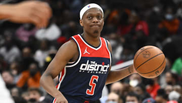 Feb 10, 2022; Washington, District of Columbia, USA; Washington Wizards guard Cassius Winston (5) advances the ball against the Brooklyn Nets during the second half at Capital One Arena. Mandatory Credit: Brad Mills-USA TODAY Sports