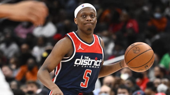 Feb 10, 2022; Washington, District of Columbia, USA; Washington Wizards guard Cassius Winston (5) advances the ball against the Brooklyn Nets during the second half at Capital One Arena. Mandatory Credit: Brad Mills-USA TODAY Sports