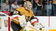 Dec 6, 2024; Las Vegas, Nevada, USA; Vegas Golden Knights goaltender Adin Hill (33) warms up before a game against the Dallas Stars at T-Mobile Arena. Mandatory Credit: Stephen R. Sylvanie-Imagn Images