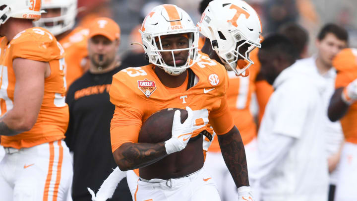 Tennessee running back Cameron Seldon (23) warming up for the Citrus Bowl NCAA College football game on Monday, January 1, 2024 in Orlando, Fla.