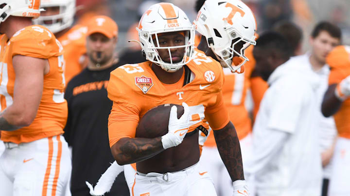 Tennessee running back Cameron Seldon (23) warming up for the Citrus Bowl NCAA College football game on Monday, January 1, 2024 in Orlando, Fla.