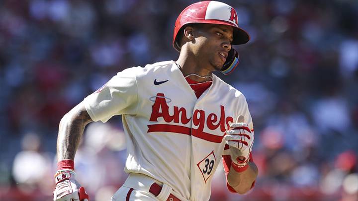 Sep 10, 2023; Anaheim, California, USA; Los Angeles Angels center fielder Jordyn Adams (39) runs after hitting a single against the Cleveland Guardians during the eighth inning at Angel Stadium. Mandatory Credit: Jessica Alcheh-Imagn Images