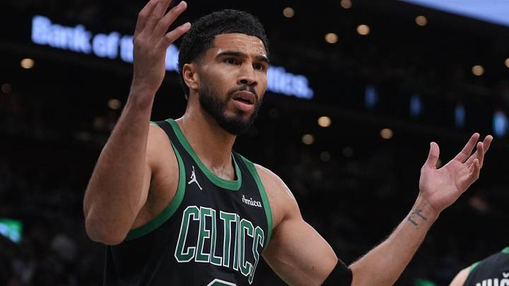 Apr 28, 2026; Boston, Massachusetts, USA; Boston Celtics forward Jayson Tatum (0) reacts after a play against Philadelphia 76ers in the second quarter during game five of the first round of the 2026 NBA Playoffs at TD Garden. Mandatory Credit: David Butler II-Imagn Images