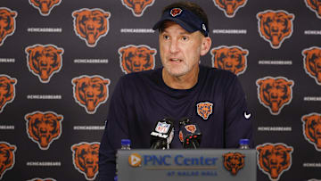 Chicago Bears defensive coordinator Dennis Allen speaks during training camp at Halas Hall.