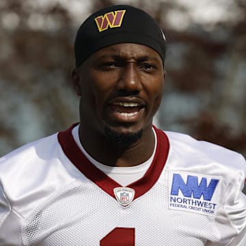 Jul 23, 2025; Ashburn, VA, USA; Washington Commanders wide receiver Deebo Samuel Sr. (1) walks out of team headquarters onto the fields prior to practice on day one of training camp at OrthoVirginia Training Center at Commanders Park. Mandatory Credit: Geoff Burke-Imagn Images