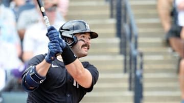 Mar 23, 2025; Tampa, Florida, USA; New York Yankees catcher Austin Wells (28) hits a two-run home run during the fifth inning against the Tampa Bay Rays at George M. Steinbrenner Field. 