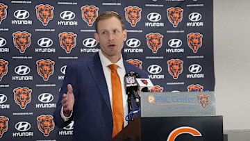 Jan 22, 2025; Lake Forest, IL, USA; Chicago Bears head coach Ben Johnson answers questions during a introductory press conference at PNC Center. Mandatory Credit: David Banks-Imagn Images