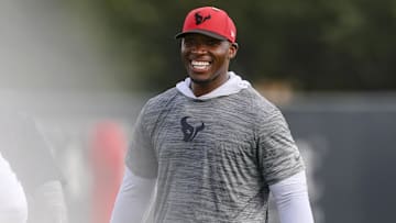 Jul 23, 2025; Houston, TX, USA;  Houston Texans head coach DeMeco Ryans smiles during training camp at Houston Methodist Training Center. Mandatory Credit: Troy Taormina-Imagn Images
