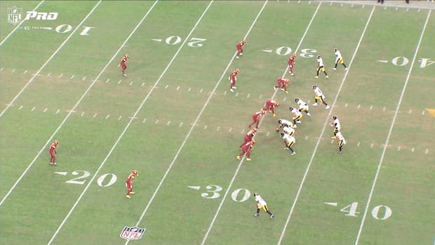 A screenshot of the Pittsburgh Steelers formation before a snap during a game against the Washington Commanders.