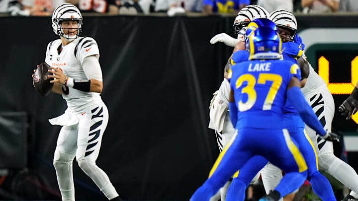 Cincinnati Bengals quarterback Joe Burrow (9) drops back to throw in the third quarter during a Week 3 NFL football game between the Los Angeles Rams and the Cincinnati Bengals, Monday, Sept. 25, 2023, at Paycor Stadium in Cincinnati.