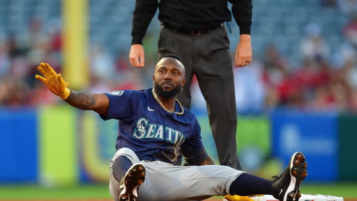 Seattle Mariners left fielder Randy Arozarena (56) reaches second on a double against the Los Angeles Angels during the first inning at Angel Stadium on Aug 30.