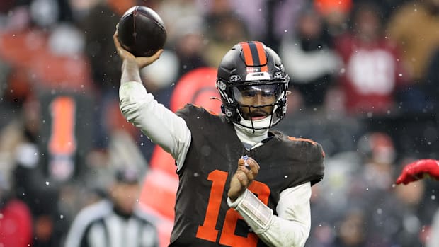 Cleveland Browns quarterback Shedeur Sanders (12) throws a pass against the Tennessee Titans during the fourth quarter.
