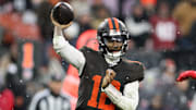 Dec 7, 2025; Cleveland, Ohio, USA; Cleveland Browns quarterback Shedeur Sanders (12) throws a pass against the Tennessee Titans during the fourth quarter at Huntington Bank Field. Mandatory Credit: Scott Galvin-Imagn Images