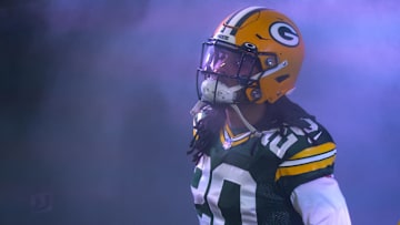 Jan 16, 2021; Green Bay, Wisconsin, USA; Green Bay Packers cornerback Kevin King (20) against the Los Angeles Rams during the NFC Divisional Round at Lambeau Field.