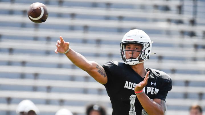 Austin Peay’s Mason Garcia (12) throws during the Govenor's practice at Fortera Stadium in Clarksville, Tenn., Thursday, Aug. 15, 2024.