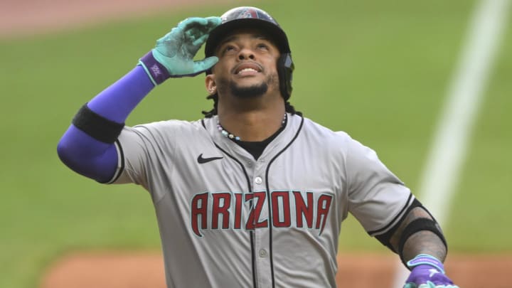 Aug 5, 2024; Cleveland, Ohio, USA; Arizona Diamondbacks designated hitter Ketel Marte (4) celebrates his solo homer in the first inning against the Cleveland Guardians at Progressive Field. Mandatory Credit: David Richard-USA TODAY Sports