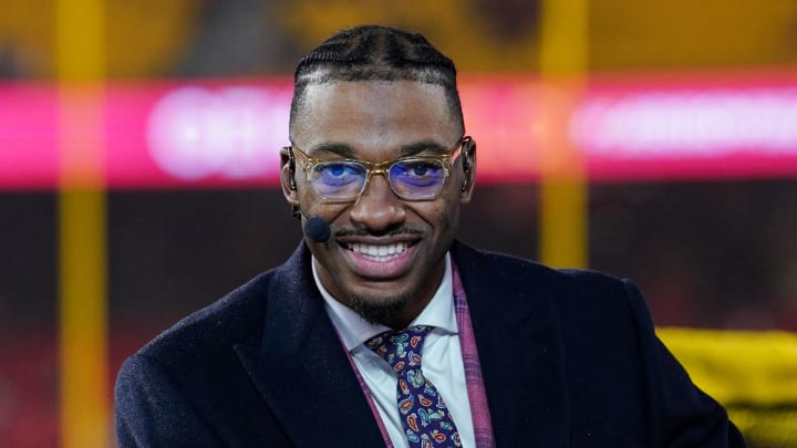 Nov 20, 2023; Kansas City, Missouri, USA; Monday Night Football commentator Robert Griffin III at the broadcast desk prior to a game between the Kansas City Chiefs and Philadelphia Eagles at GEHA Field at Arrowhead Stadium. Mandatory Credit: Denny Medley-USA TODAY Sports