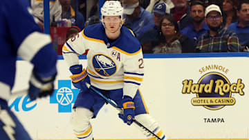 Apr 15, 2024; Tampa, Florida, USA;  Buffalo Sabres defenseman Rasmus Dahlin (26) skates with the puck against the Tampa Bay Lightning during the second period at Amalie Arena. Mandatory Credit: Kim Klement Neitzel-Imagn Images