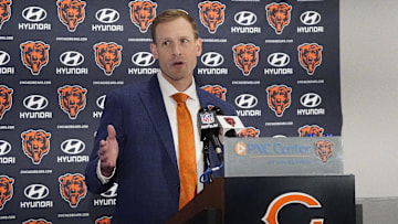 Jan 22, 2025; Lake Forest, IL, USA; Chicago Bears head coach Ben Johnson answers questions during a introductory press conference at PNC Center. Mandatory Credit: David Banks-Imagn Images