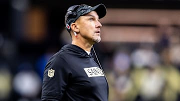 Sep 8, 2024; New Orleans, Louisiana, USA;  New Orleans Saints head coach Dennis Allen looks on against the Carolina Panthers during the second half at Caesars Superdome. Mandatory Credit: Stephen Lew-Imagn Images