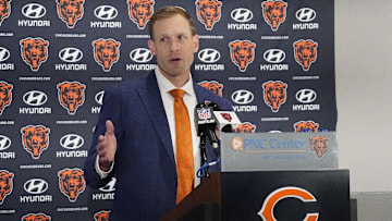 Jan 22, 2025; Lake Forest, IL, USA; Chicago Bears head coach Ben Johnson answers questions during a introductory press conference at PNC Center. Mandatory Credit: David Banks-Imagn Images