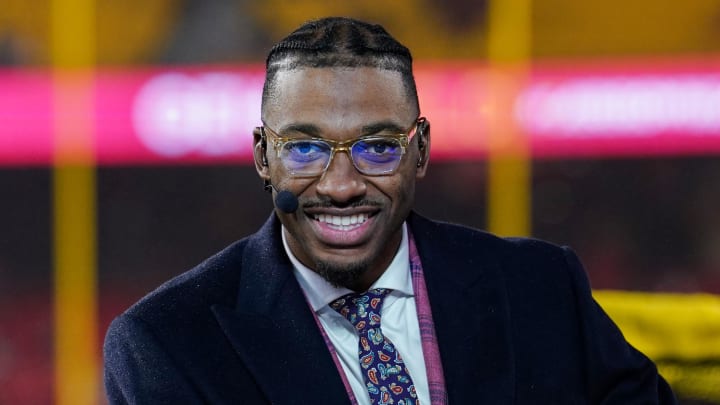 Nov 20, 2023; Kansas City, Missouri, USA; Monday Night Football commentator Robert Griffin III at the broadcast desk prior to a game between the Kansas City Chiefs and Philadelphia Eagles at GEHA Field at Arrowhead Stadium. Mandatory Credit: Denny Medley-USA TODAY Sports