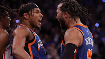 Apr 30, 2024; New York, New York, USA; New York Knicks guard Miles McBride (2) celebrates with guard Jalen Brunson (11) during the fourth quarter of game 5 of the first round of the 2024 NBA playoffs against the Philadelphia 76ers at Madison Square Garden. Mandatory Credit: Brad Penner-Imagn Images