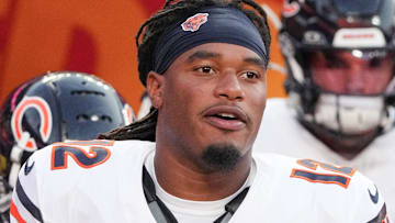 Aug 22, 2024; Kansas City, Missouri, USA; Former Chicago Bears wide receiver Velus Jones Jr. (12) runs onto the field against the Kansas City Chiefs prior to a game at GEHA Field at Arrowhead Stadium.