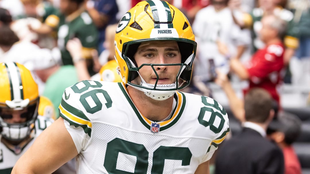 Oct 19, 2025; Glendale, Arizona, USA; Green Bay Packers tight end John FitzPatrick (86) against the Arizona Cardinals at State Farm Stadium.