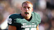 November 17, 2012; East Lansing, MI, USA; Michigan State Spartans linebacker Max Bullough (40) walks off the field after a game against the Northwestern Wildcats at Spartan Stadium.