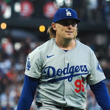 Jun 28, 2024; San Francisco, California, USA; Los Angeles Dodgers starting pitcher Landon Knack (96) leaves the field after the third inning against the San Francisco Giants at Oracle Park. Mandatory Credit: Kelley L Cox-Imagn Images