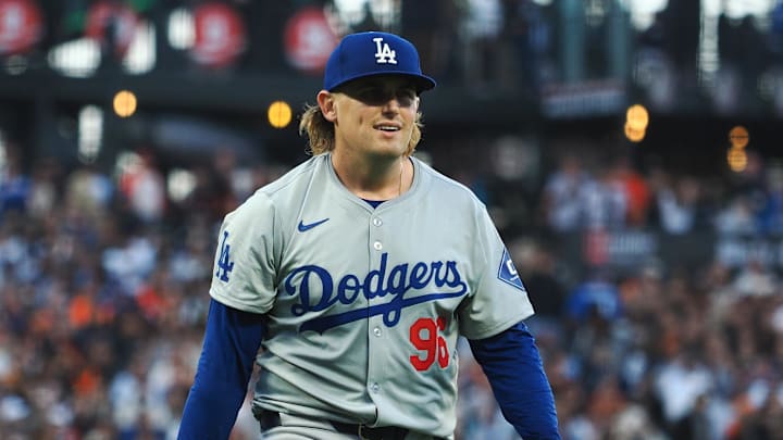 Jun 28, 2024; San Francisco, California, USA; Los Angeles Dodgers starting pitcher Landon Knack (96) leaves the field after the third inning against the San Francisco Giants at Oracle Park. Mandatory Credit: Kelley L Cox-Imagn Images