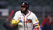 Apr 11, 2025; Atlanta, Georgia, USA; Atlanta Braves designated hitter Marcell Ozuna (20) celebrates after a walk-off two-run home run against the Philadelphia Phillies in the eleventh inning at Truist Park.