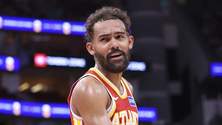Oct 6, 2025; Houston, Texas, USA; Atlanta Hawks guard Trae Young (11) reacts towards a fan during the second quarter against the Houston Rockets at Toyota Center. Mandatory Credit: Troy Taormina-Imagn Images