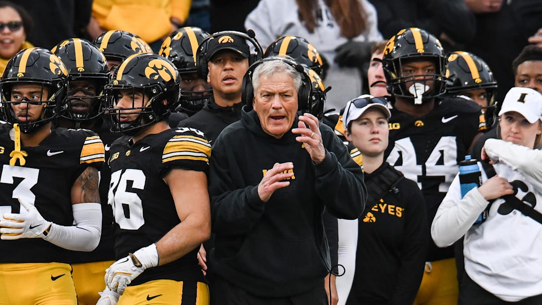Nov 22, 2025; Iowa City, Iowa, USA; Iowa Hawkeyes head coach Kirk Ferentz reacts during the second quarter against the Michigan State Spartans at Kinnick Stadium. Mandatory Credit: Jeffrey Becker-Imagn Images